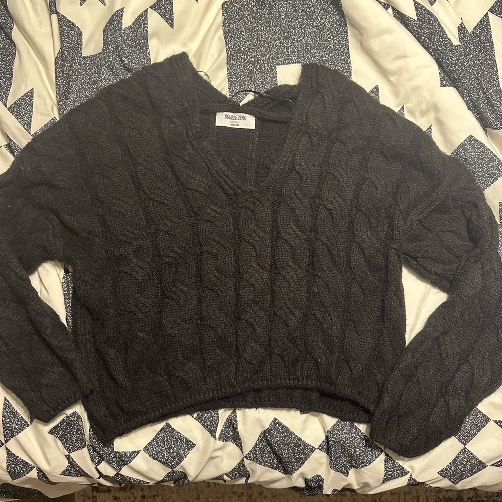 Double Zero Black V-Neck Sweater Cable Knit